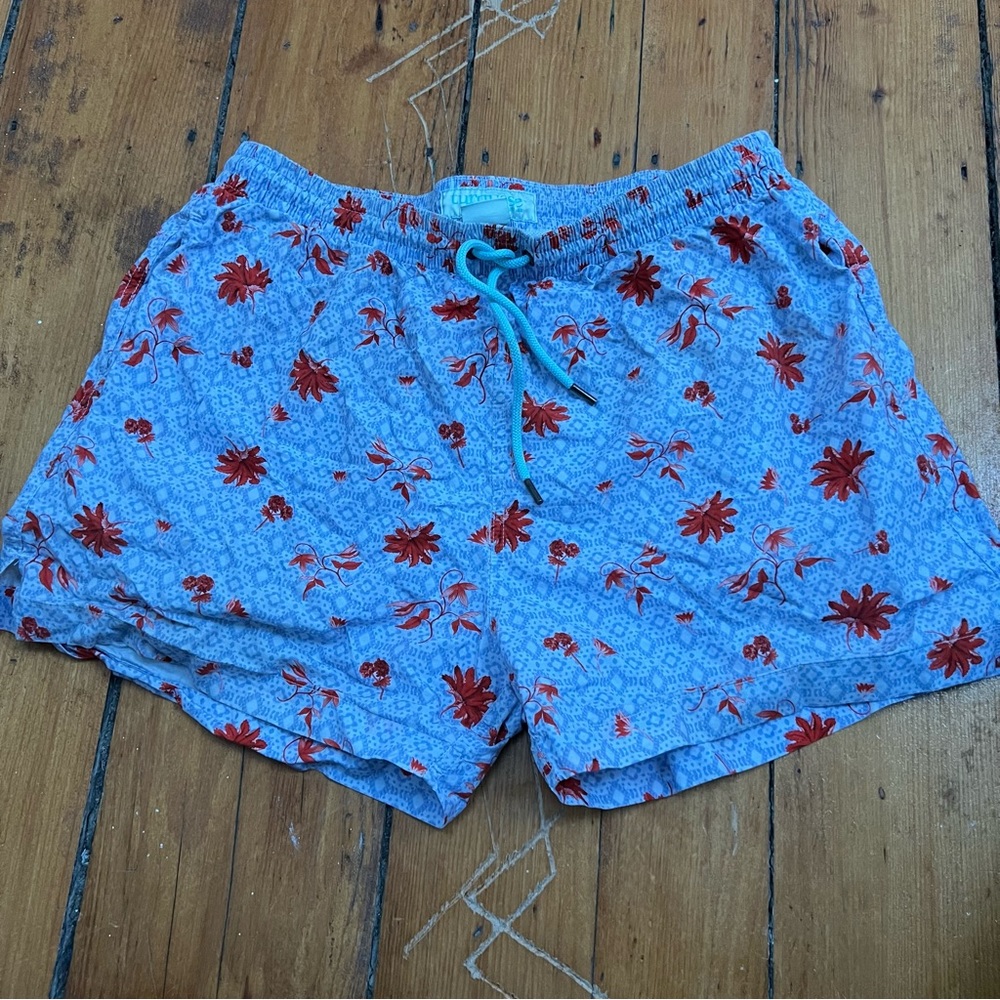 Turquese swim trunks (large) purple and coral print